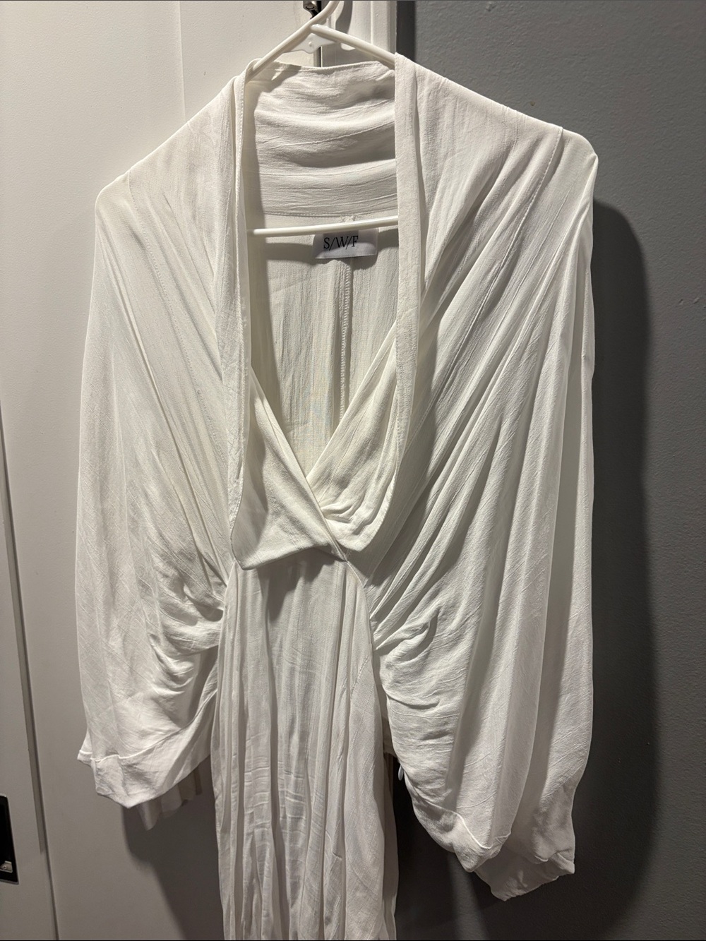 White Draped Long Sleeve V-Neck Maxi Dress